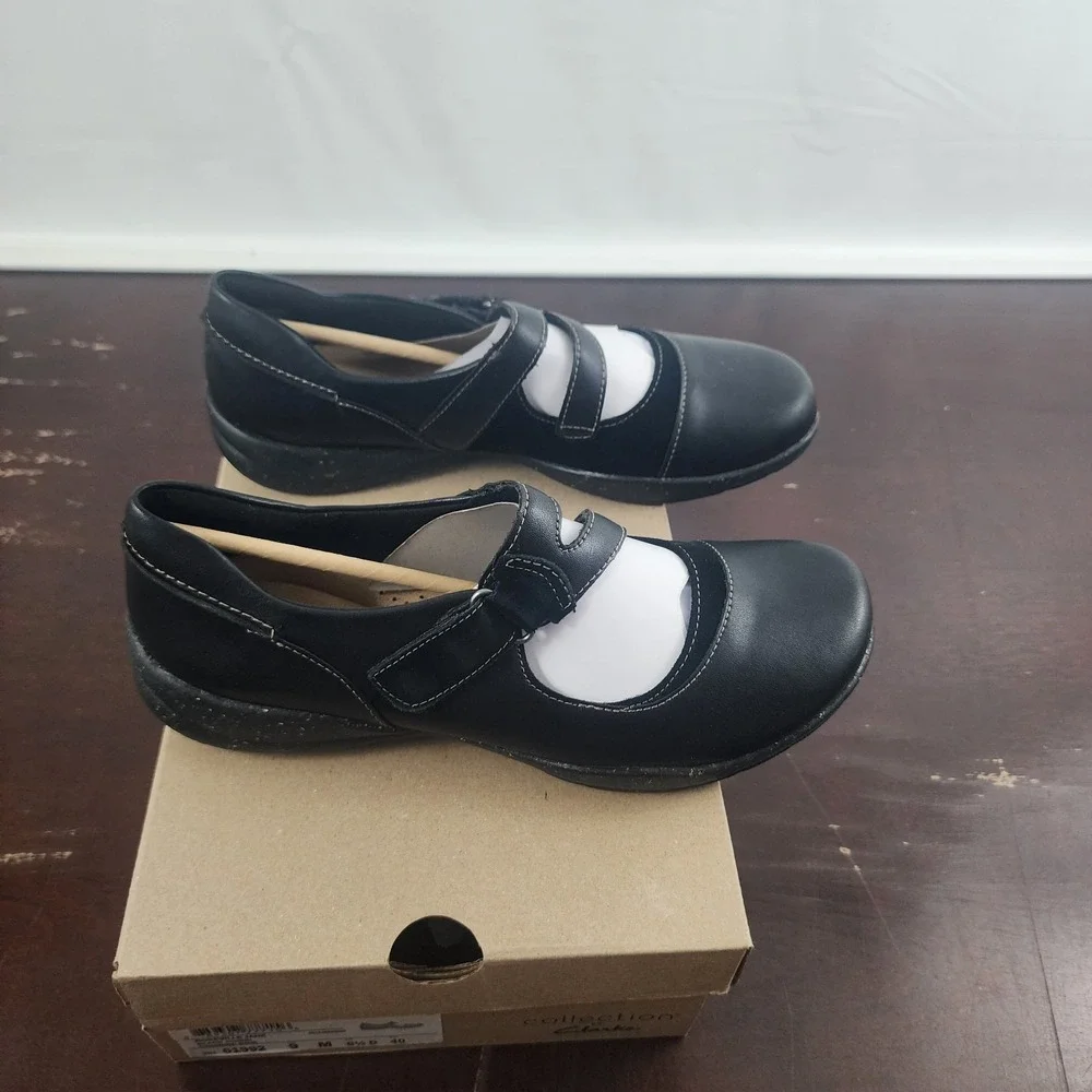 Clarks Roseville Jane‎ Black Combi Leather Mary Jane Flats Women's Size 9M